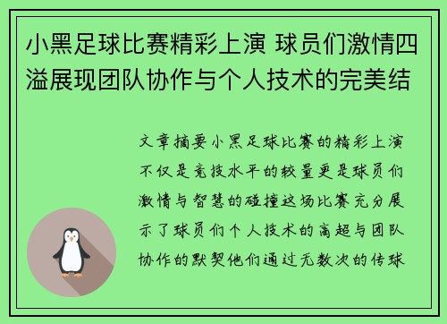 小黑足球比赛精彩上演 球员们激情四溢展现团队协作与个人技术的完美结合