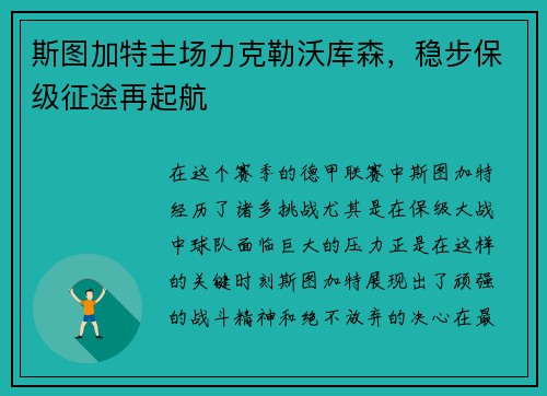 斯图加特主场力克勒沃库森，稳步保级征途再起航